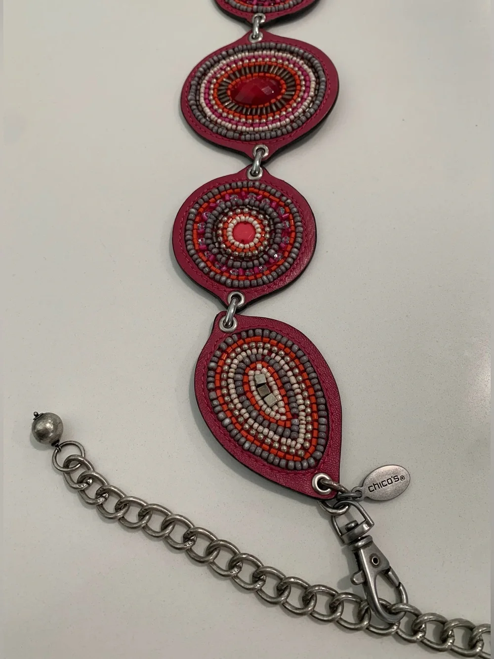 Chico's Ibiza Pink Red Leather Beaded Medallion Silver Tone Chain Belt Boho 50”